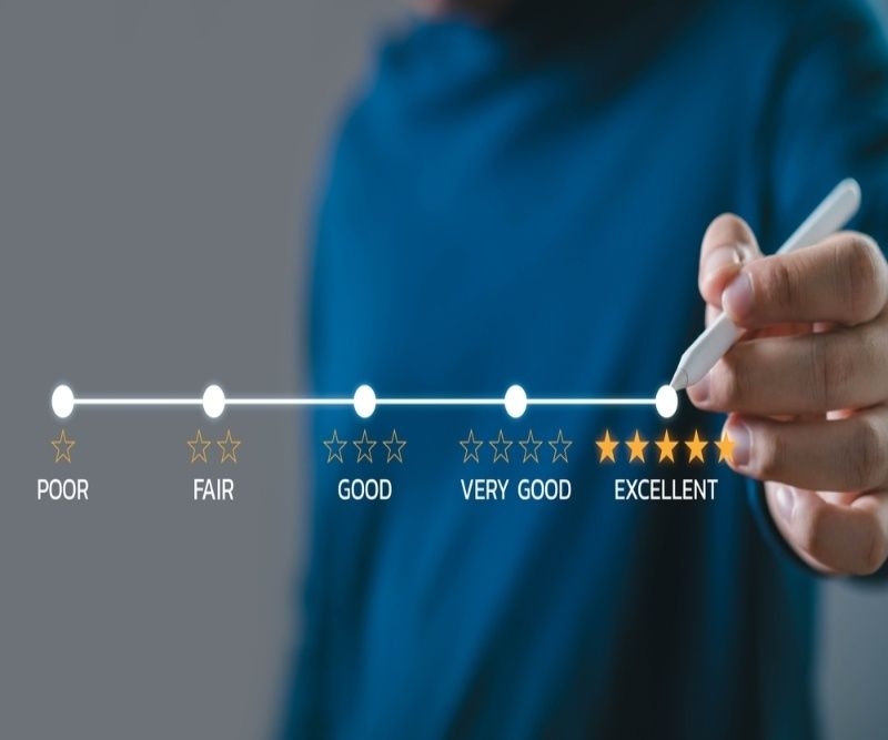 A person uses a stylus to mark 'Excellent' on a rating scale ranging from Poor to Excellent. Concept of high-quality performance and feedback.