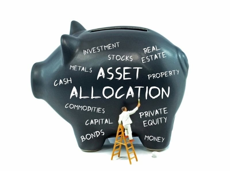 Piggy bank labeled “Asset Allocation” surrounded by investment terms such as stocks, bonds, real estate, commodities, and private equity.