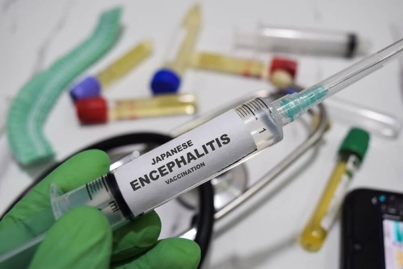 Japanese encephalitis vaccination drug syringe in green gloved hands