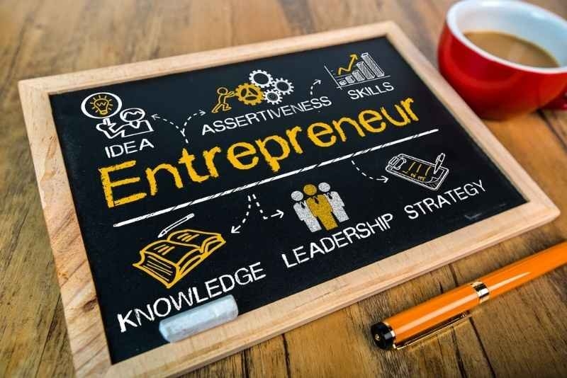 Chalkboard-style illustration of entrepreneurship concepts on a wooden desk, featuring the word “Entrepreneur” surrounded by keywords including idea, assertiveness, skills, knowledge, leadership, and strategy, alongside a pen and coffee cup.