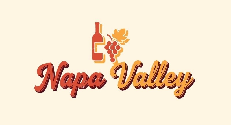 Vintage-style Napa Valley logo featuring a wine bottle, grapes, and decorative script on a light background.