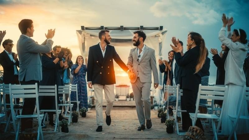 Handsome Gay Couple Walking Up the Aisle at Outdoors Wedding Ceremony Venue Near Sea. 