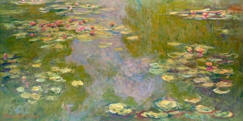 Impressionist painting of a peaceful pond covered with lily pads and soft pastel reflections on the water.