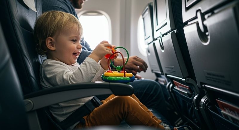 Toddler playing with his toy sitting inside an airplane 