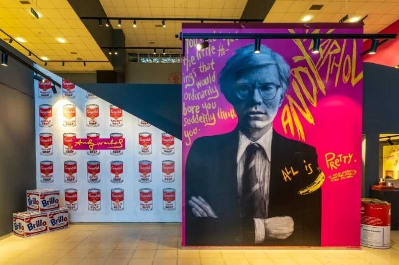 Andy Warhol-inspired pop art display in a gallery or museum exhibition.
