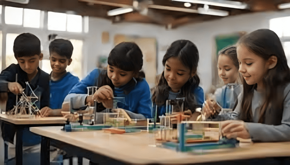 Children working together on a classroom project, building models with sticks and materials at a table.
