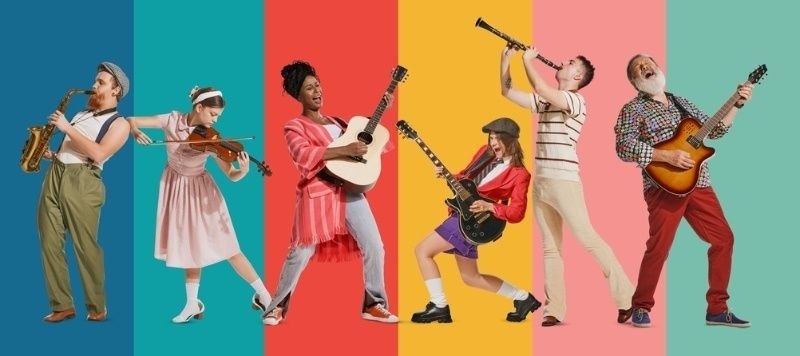 Collage of 5 musicians playing instruments on bright studio backgrounds.