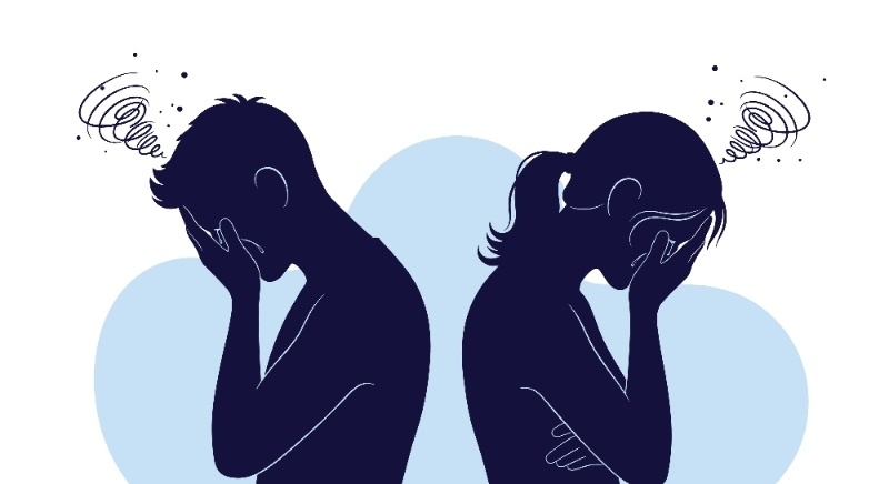 Illustration of a man and woman back-to-back holding their heads, symbolizing stress, conflict, or emotional distress.