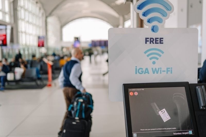 Free Wi-Fi kiosk at an airport terminal with travelers in the background, representing public Wi-Fi access and airport connectivity.