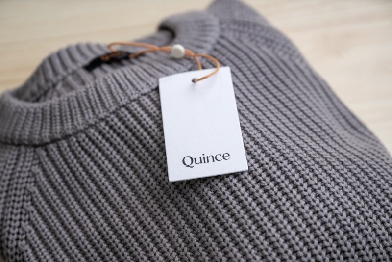 Brand Quince Paper Tag on Medium Gray Ribbed Cotton Sweater