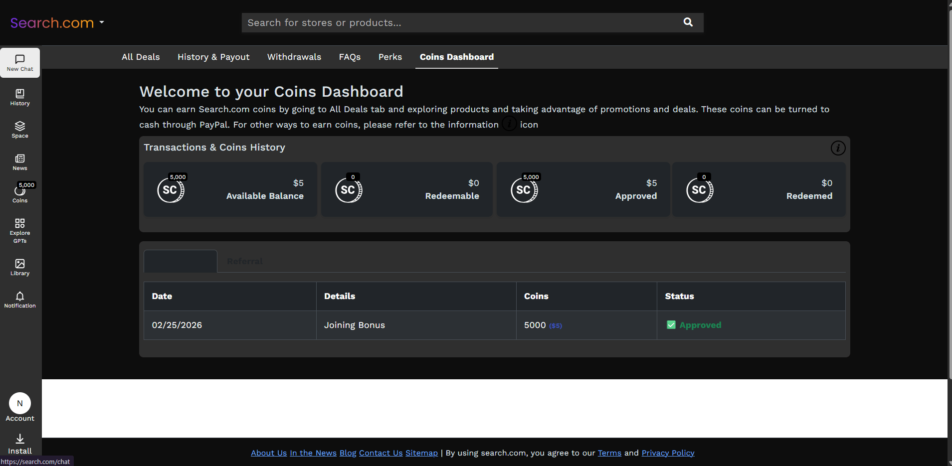 Cash earned page by using search.com ai platform