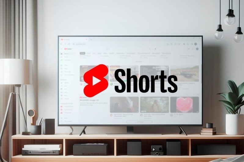 Television screen displaying the YouTube Shorts logo in a modern living room entertainment setup.