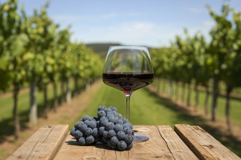 9. Glass of red wine and a cluster of grapes on a wooden table overlooking a vineyard.