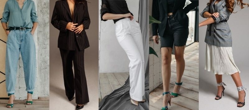 Collection of stylish outfits featuring trousers, skirts, and blazers in different fashion looks.