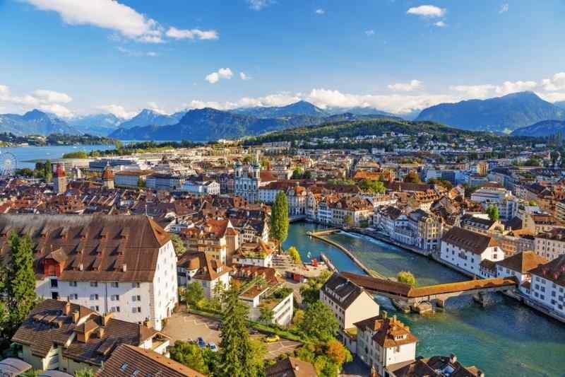 Panoramic view of a Swiss city with historic buildings, river, bridges, and surrounding mountains.