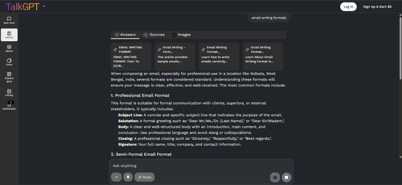 TalkGPT home screen with email writing prompts query