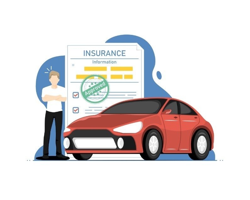 7. Illustration of an approved car insurance policy displayed beside a red vehicle and policyholder.
