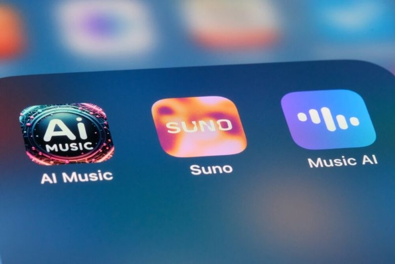 Suno AI music creation app icon with Ai music application on phone screen