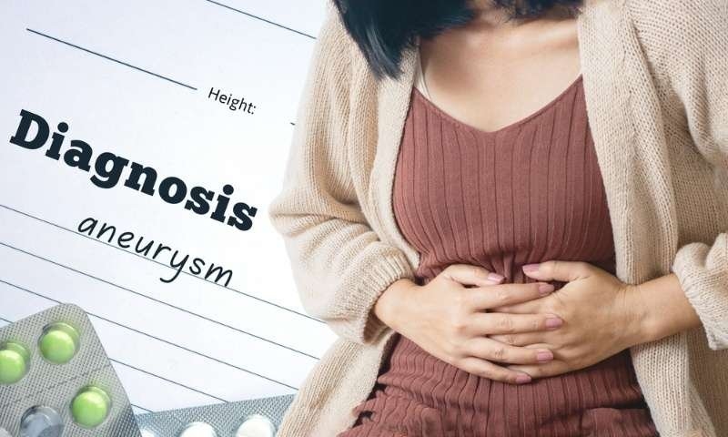 Woman holding her abdomen beside a medical form labeled "Diagnosis: aneurysm" with medication.