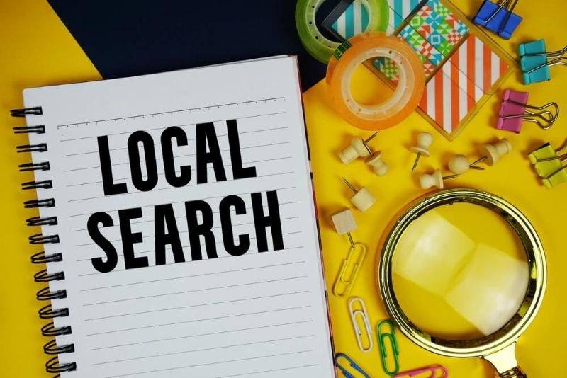 Local Search text with magnifying glass and stationery on yellow background