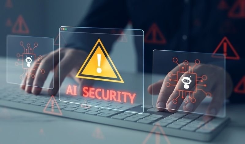 Laptop with a virtual dashboard highlighting AI security, warning symbols, and cybersecurity protection concepts.
