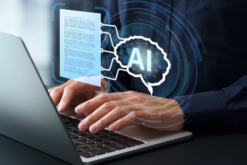 Person typing on a laptop with a digital AI brain and document interface overlay, representing AI-powered writing and content generation.