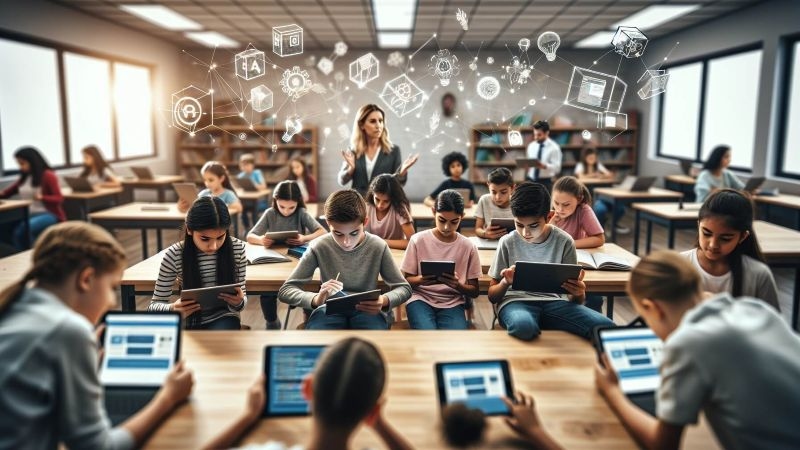 ai background in a classroom of students using devices