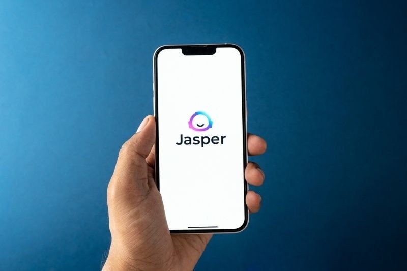 Hand holding a smartphone displaying the Jasper AI app logo on a clean blue background.