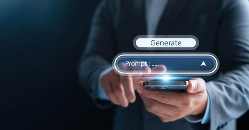 Businessman interacting with a virtual AI prompt interface on a smartphone