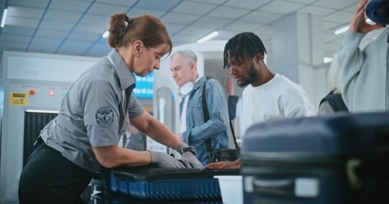 Female TSA Worker Inspecting Baggage of Passenger before Boarding Flight.