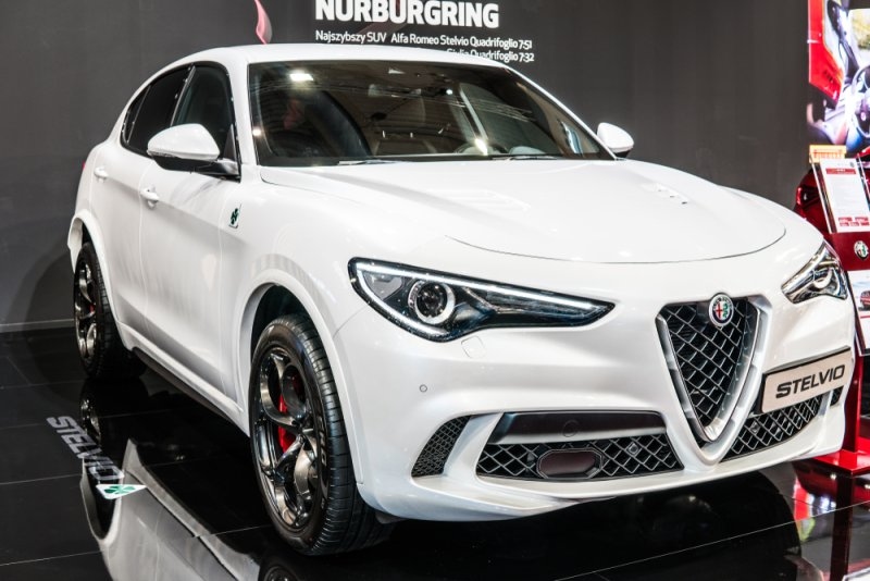 metallic white Alfa Romeo Stelvio at Poznan International Motor Show