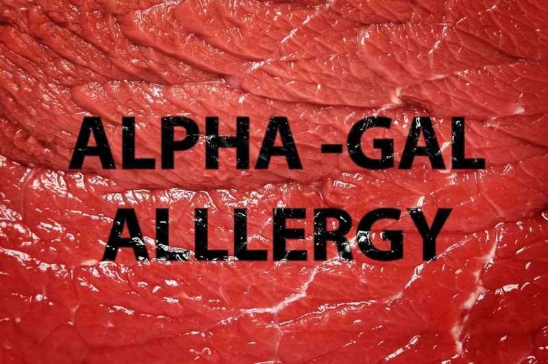 Text ‘Alpha-gal allergy’ displayed over a close-up of raw red meat.