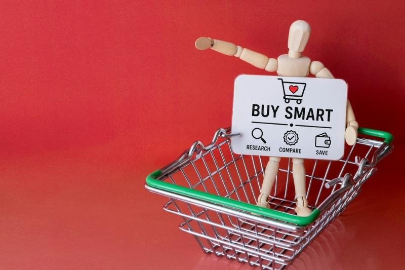 A wooden mannequin sits inside a shopping cart holding a sign that reads “BUY SMART.”