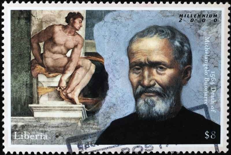 Portrait of Michelangelo Buonarroti on postage stamp from Liberia.