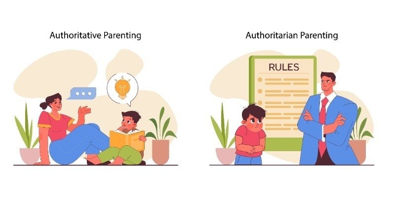 A side-by-side illustration comparing supportive authoritative parenting with rule-focused authoritarian parenting.