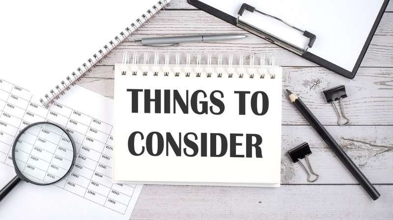 Notepad displaying the words "Things to Consider" on a wooden desk surrounded by a magnifying glass, documents, clipboard, pen, and office supplies.