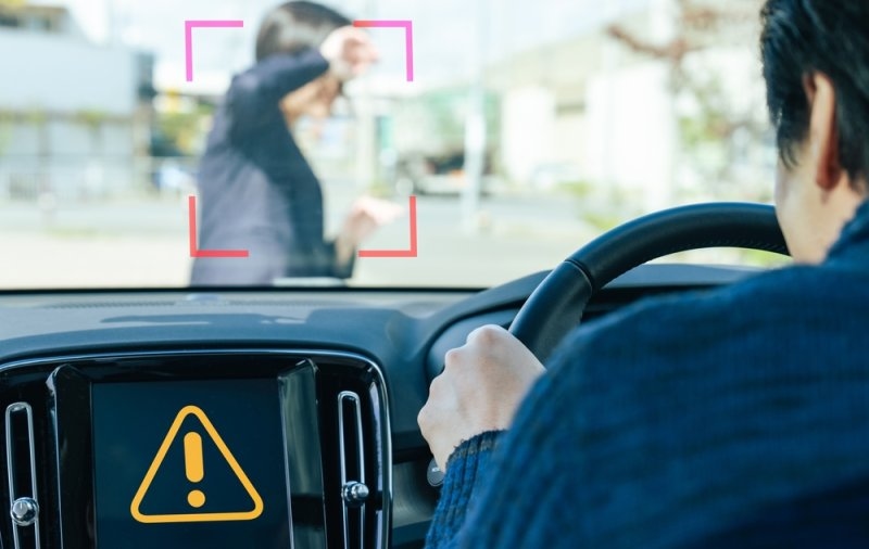 Driver viewing a pedestrian warning through a car’s windshield.