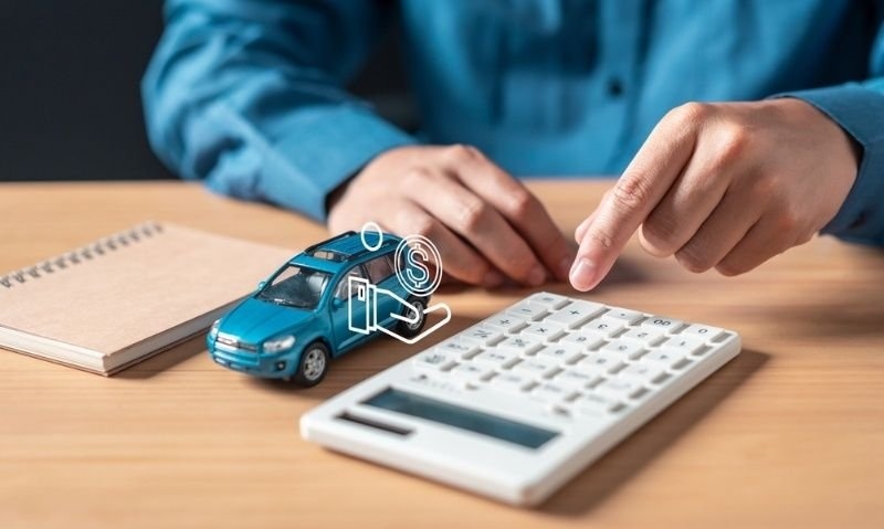 Person using a calculator beside a model car with financial icons overlay.