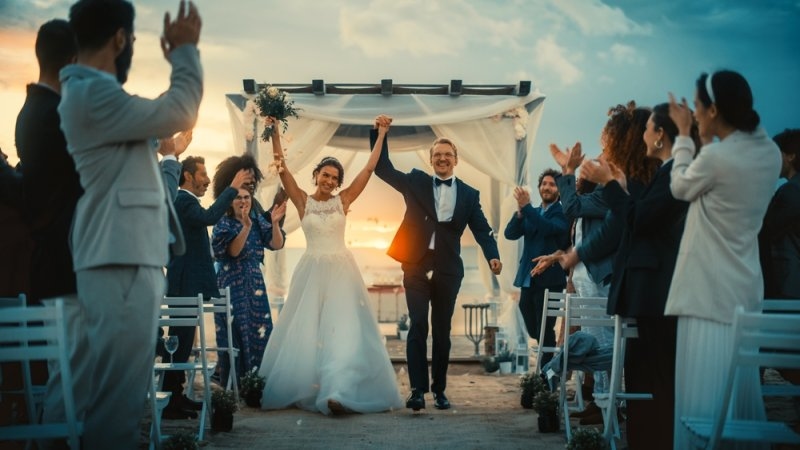 Couple celebrating at an elegant wedding reception
