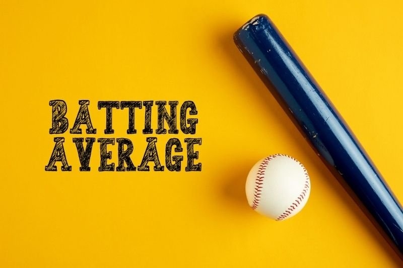 A baseball, bat, and bold “Batting Average” text are arranged on a yellow background.