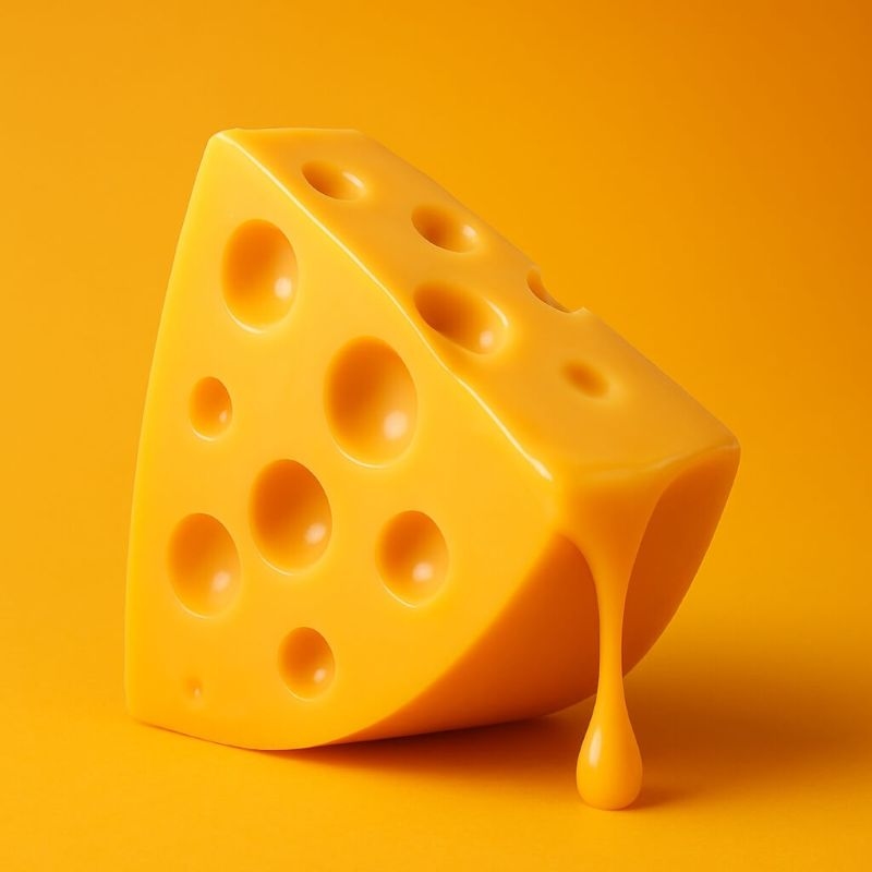 A high-resolution photograph of a single wedge of Swiss cheese