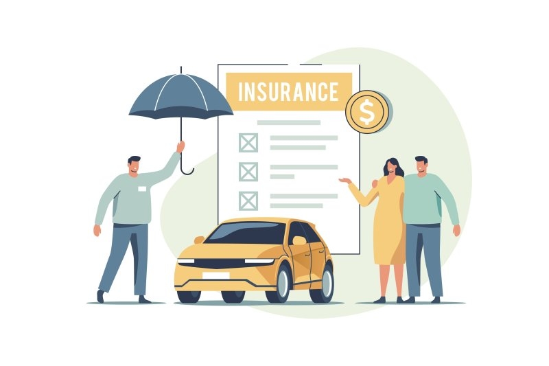 Illustration of a couple, a car, an insurance policy, and a protective umbrella.