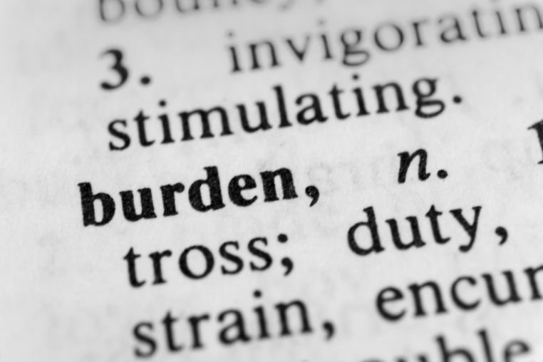 A close-up photograph of a dictionary page highlighting the word “burden” and its definition.