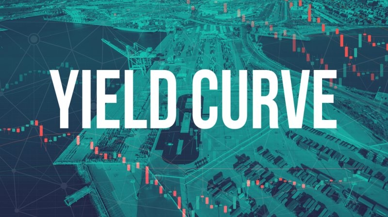 Financial market graphic showing the words “YIELD CURVE” over a port and shipping scene with stock market candlestick charts.