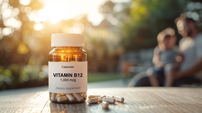 bottle of vitamin B12 dietary supplement capsules