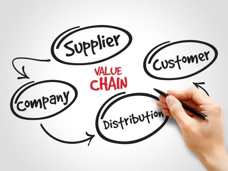 Value chain written in middle and it's step shown in round circle.