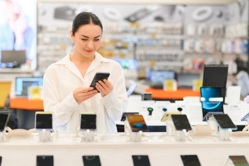Woman comparing a smartphone inside an electronics store surrounded by displayed mobile phones.