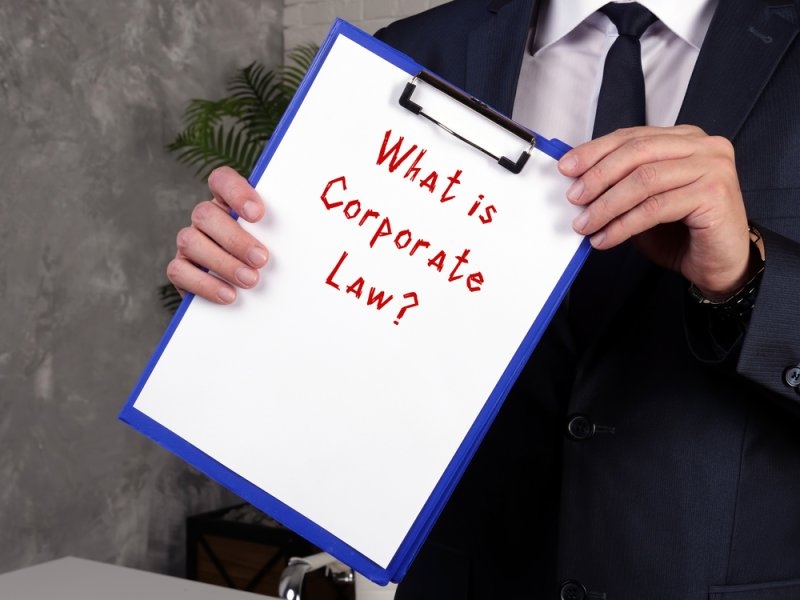 Business professional holding a clipboard displaying the question “What is corporate law?”