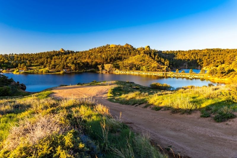 Campgrounds at sunrise overlooking Granite Springs Reservoir in Curt Gowdy State Park Wyoming