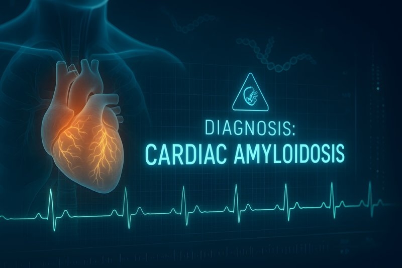 Medical illustration of a glowing heart with an ECG waveform and text reading “Diagnosis: Cardiac Amyloidosis.”